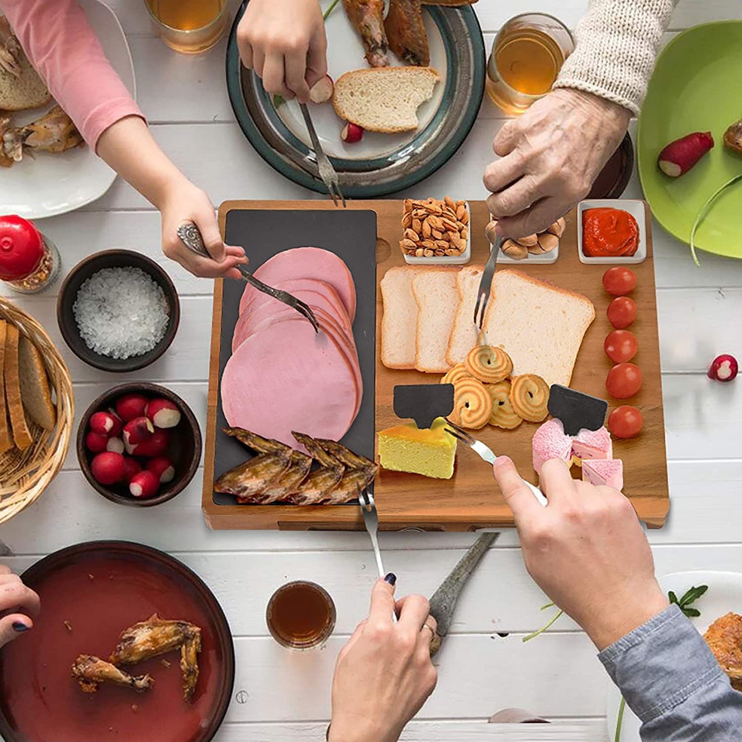 Large Charcuterie Board Set featuring acacia wood and slate, complete with ceramic bowls and stainless steel utensils, ideal for entertaining.