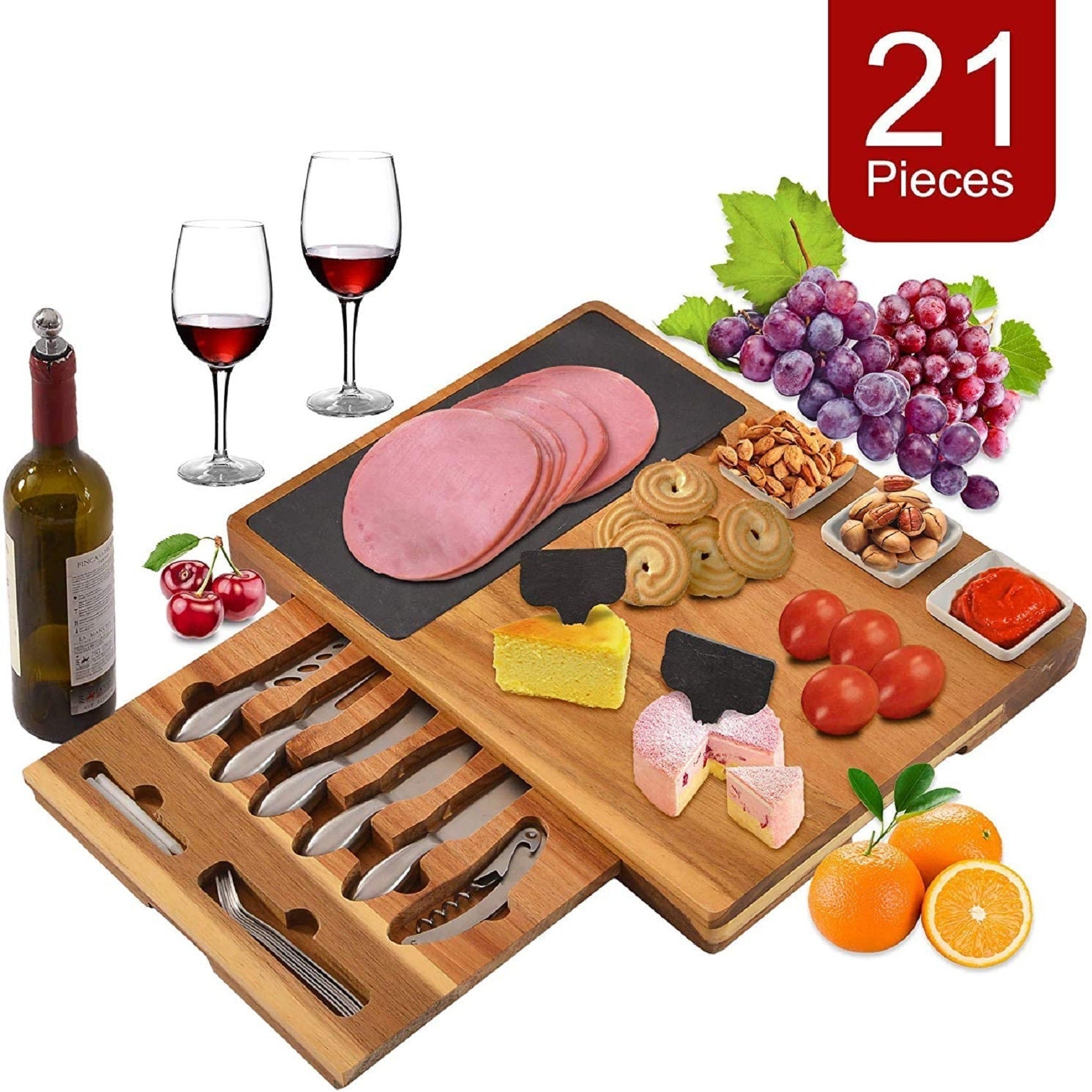 Large Charcuterie Board Set featuring acacia wood and slate, complete with ceramic bowls and stainless steel utensils, ideal for entertaining.