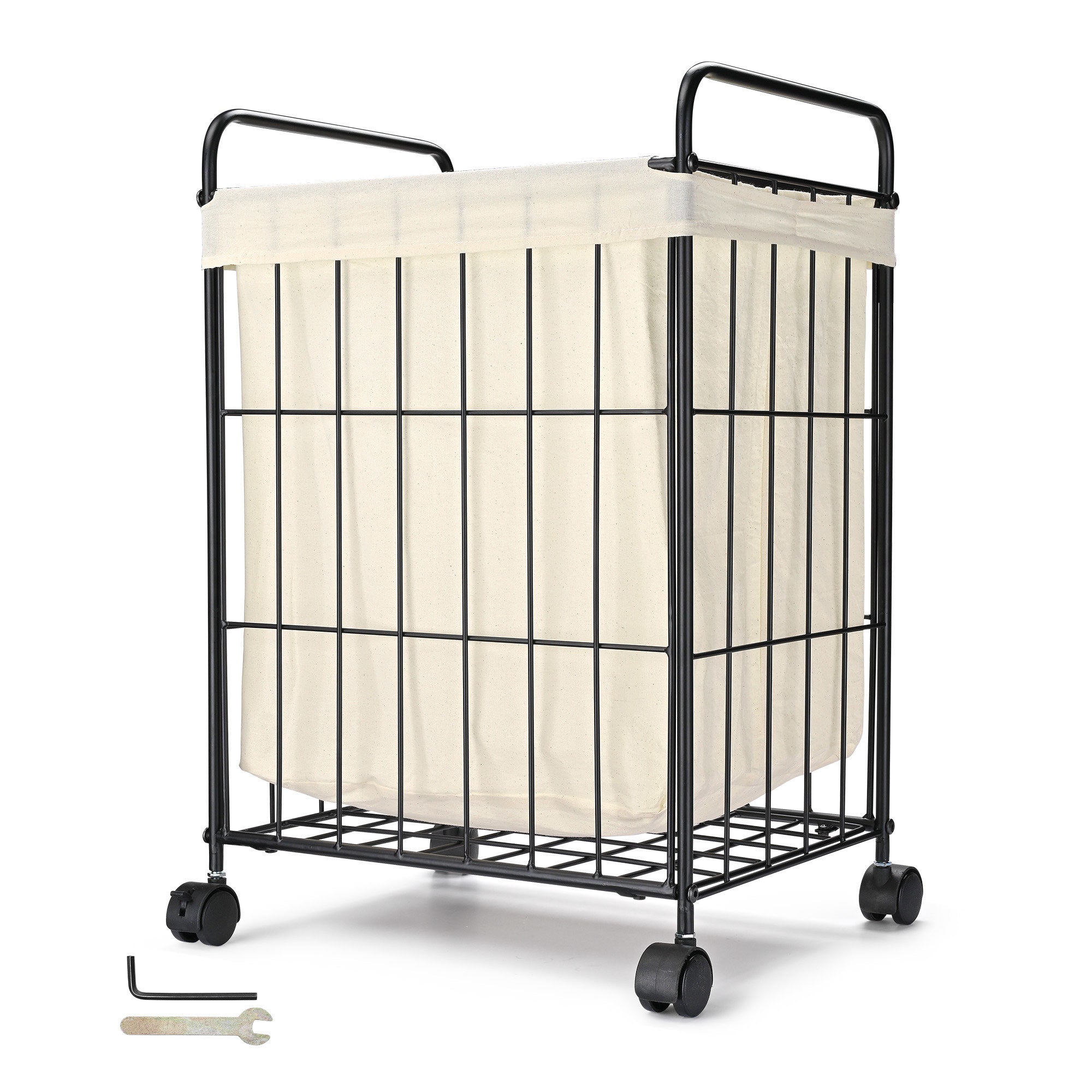 Aquaterior Laundry Hamper with rolling wheels, featuring a black iron wire frame and white canvas bag, perfect for stylish laundry storage.