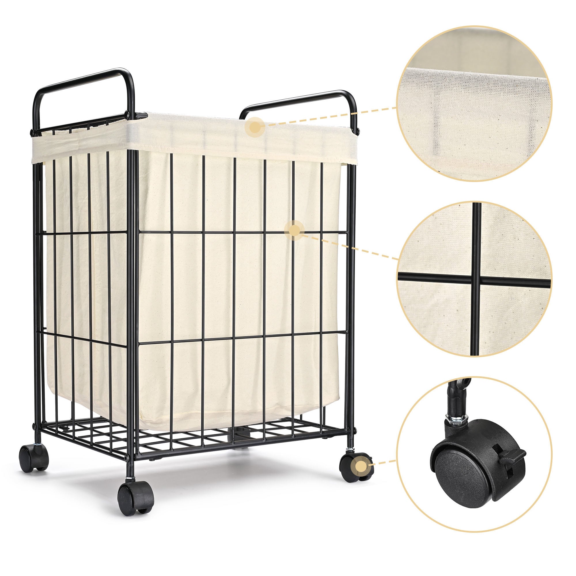 Aquaterior Laundry Hamper with rolling wheels, featuring a black iron wire frame and white canvas bag, perfect for stylish laundry storage.