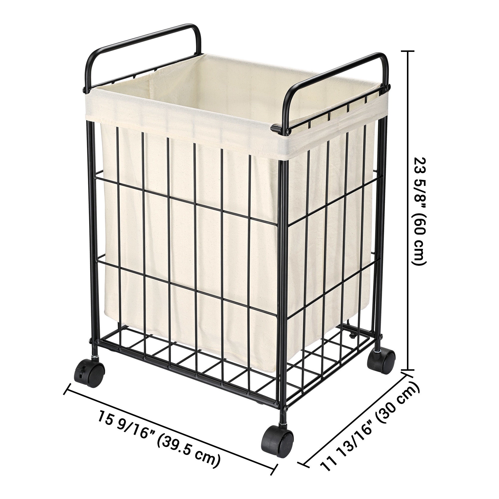 Aquaterior Laundry Hamper with rolling wheels, featuring a black iron wire frame and white canvas bag, perfect for stylish laundry storage.