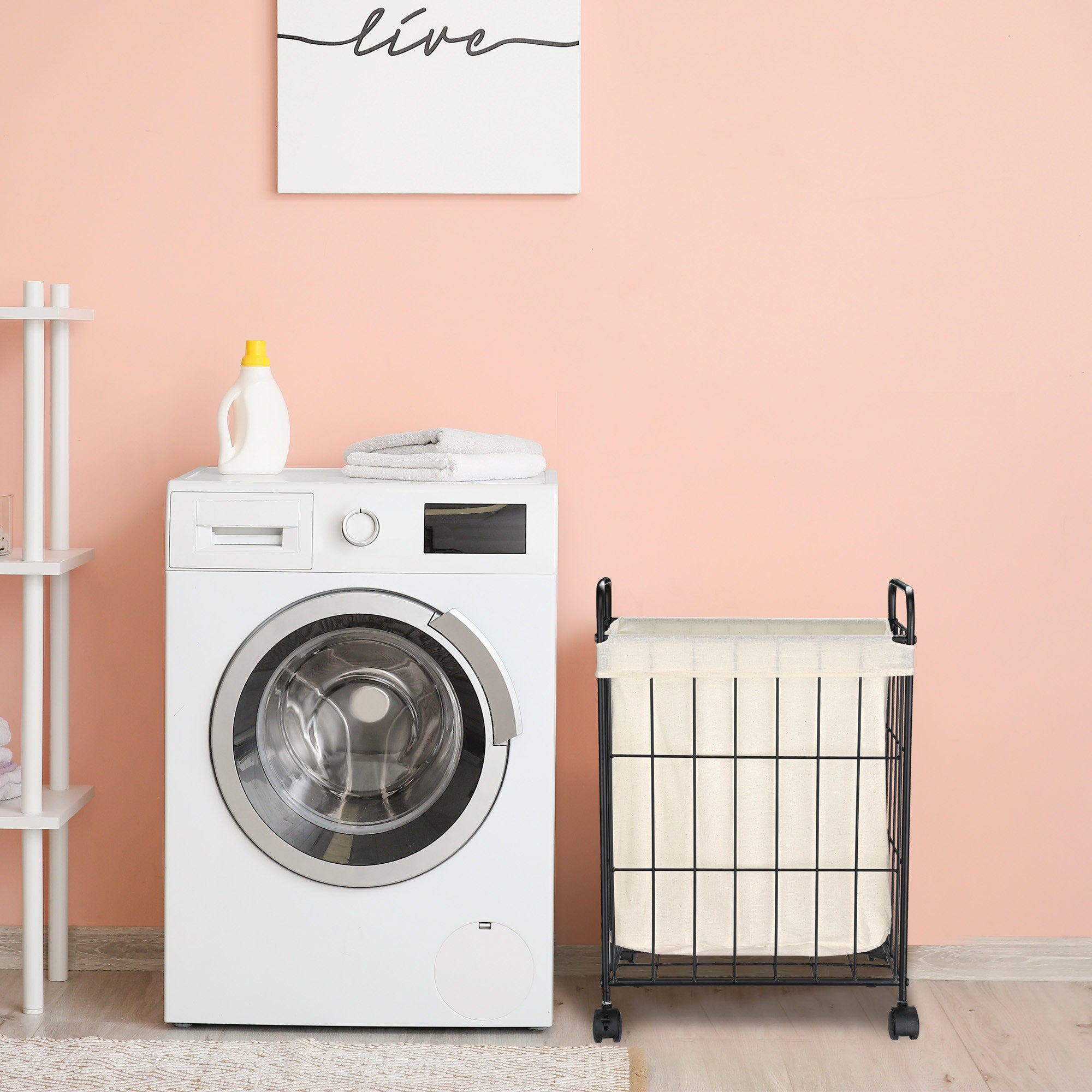 Aquaterior Laundry Hamper with rolling wheels, featuring a black iron wire frame and white canvas bag, perfect for stylish laundry storage.