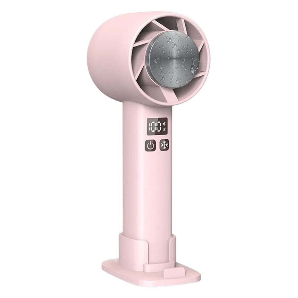 Mini Handheld Fan with semiconductor refrigeration, featuring a sleek design, LED temperature display, and 6 turbine blades for powerful cooling.