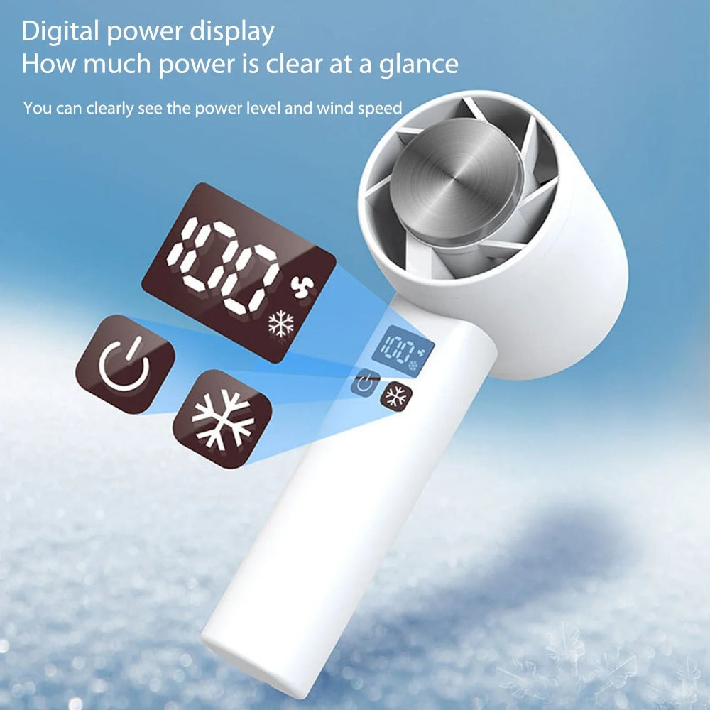 Mini Handheld Fan with semiconductor refrigeration, featuring a sleek design, LED temperature display, and 6 turbine blades for powerful cooling.