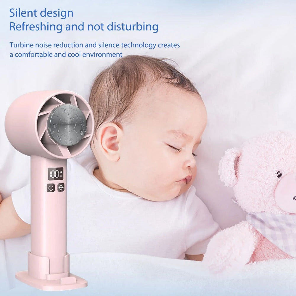 Mini Handheld Fan with semiconductor refrigeration, featuring a sleek design, LED temperature display, and 6 turbine blades for powerful cooling.