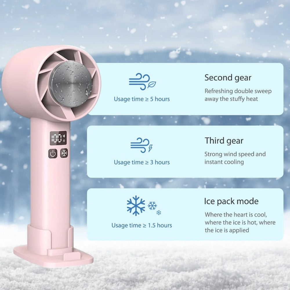 Mini Handheld Fan with semiconductor refrigeration, featuring a sleek design, LED temperature display, and 6 turbine blades for powerful cooling.