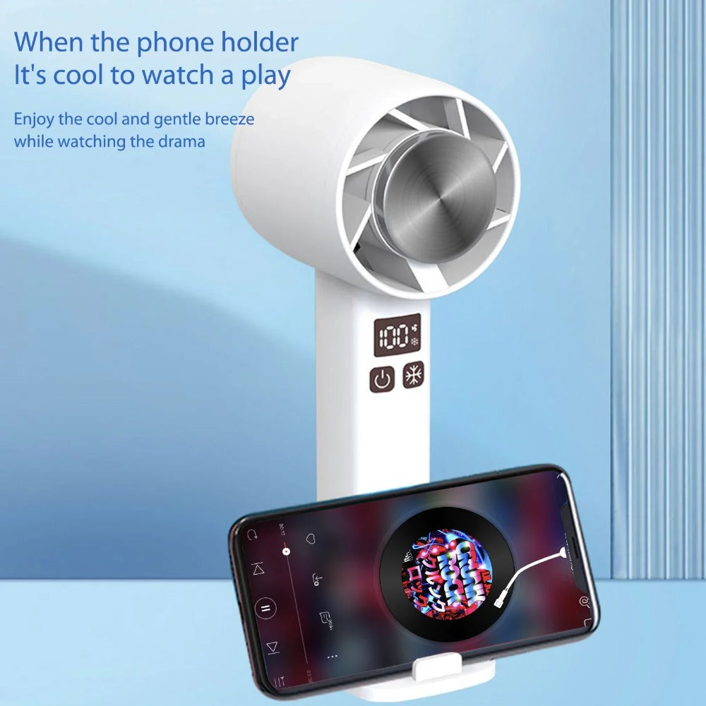 Mini Handheld Fan with semiconductor refrigeration, featuring a sleek design, LED temperature display, and 6 turbine blades for powerful cooling.