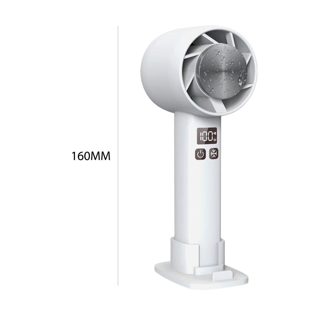 Mini Handheld Fan with semiconductor refrigeration, featuring a sleek design, LED temperature display, and 6 turbine blades for powerful cooling.