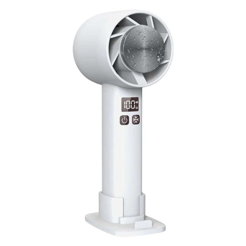 Mini Handheld Fan with semiconductor refrigeration, featuring a sleek design, LED temperature display, and 6 turbine blades for powerful cooling.