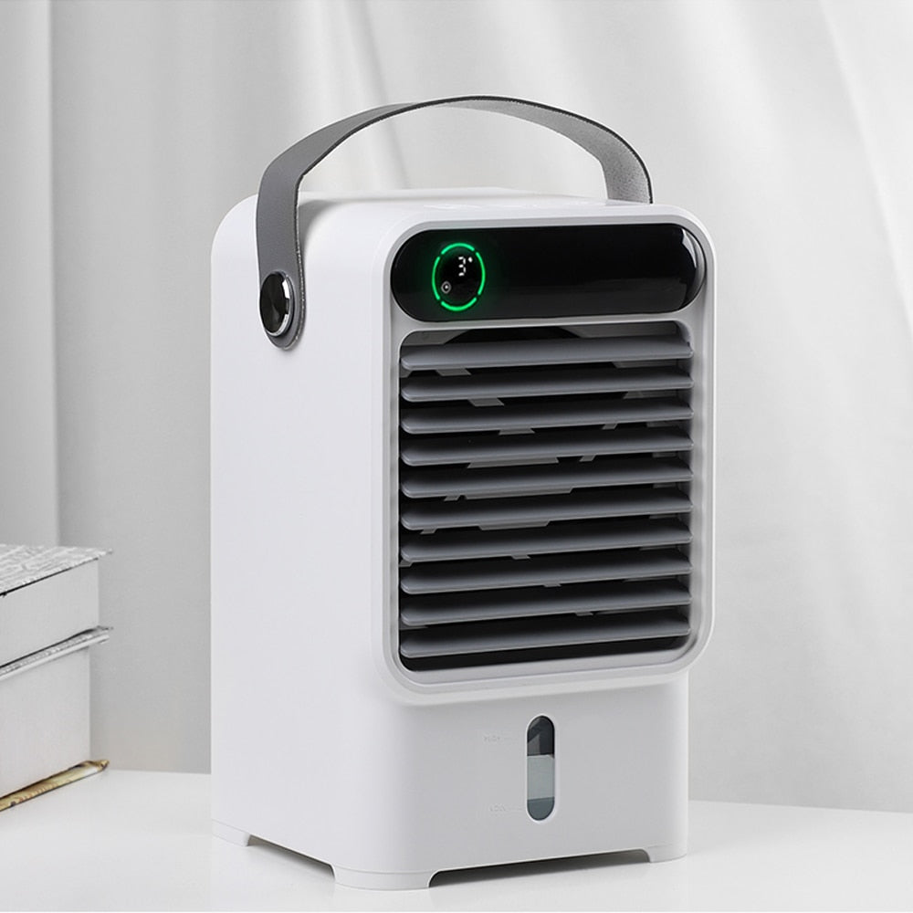 Mini Portable Air Conditioner Fan with water tank and soft mood lighting, designed for rapid cooling in any room.