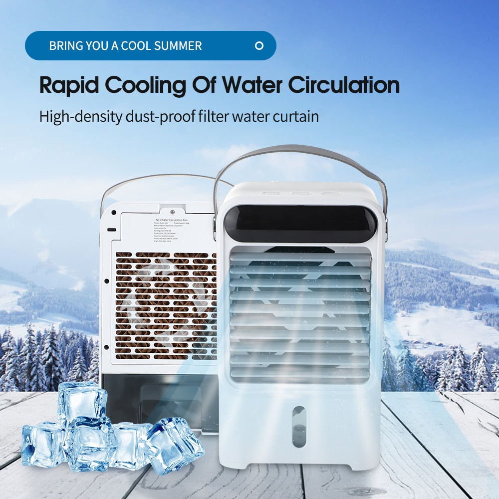 Mini Portable Air Conditioner Fan with water tank and soft mood lighting, designed for rapid cooling in any room.