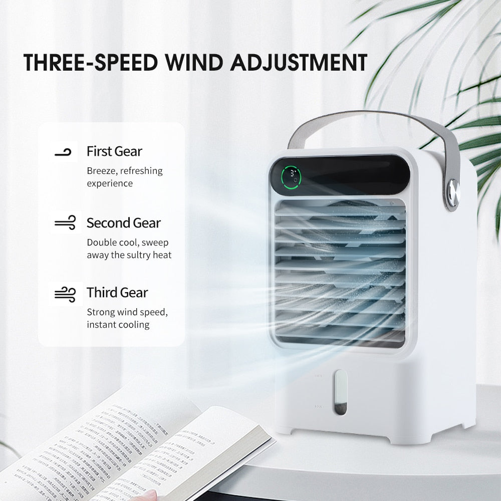 Mini Portable Air Conditioner Fan with water tank and soft mood lighting, designed for rapid cooling in any room.