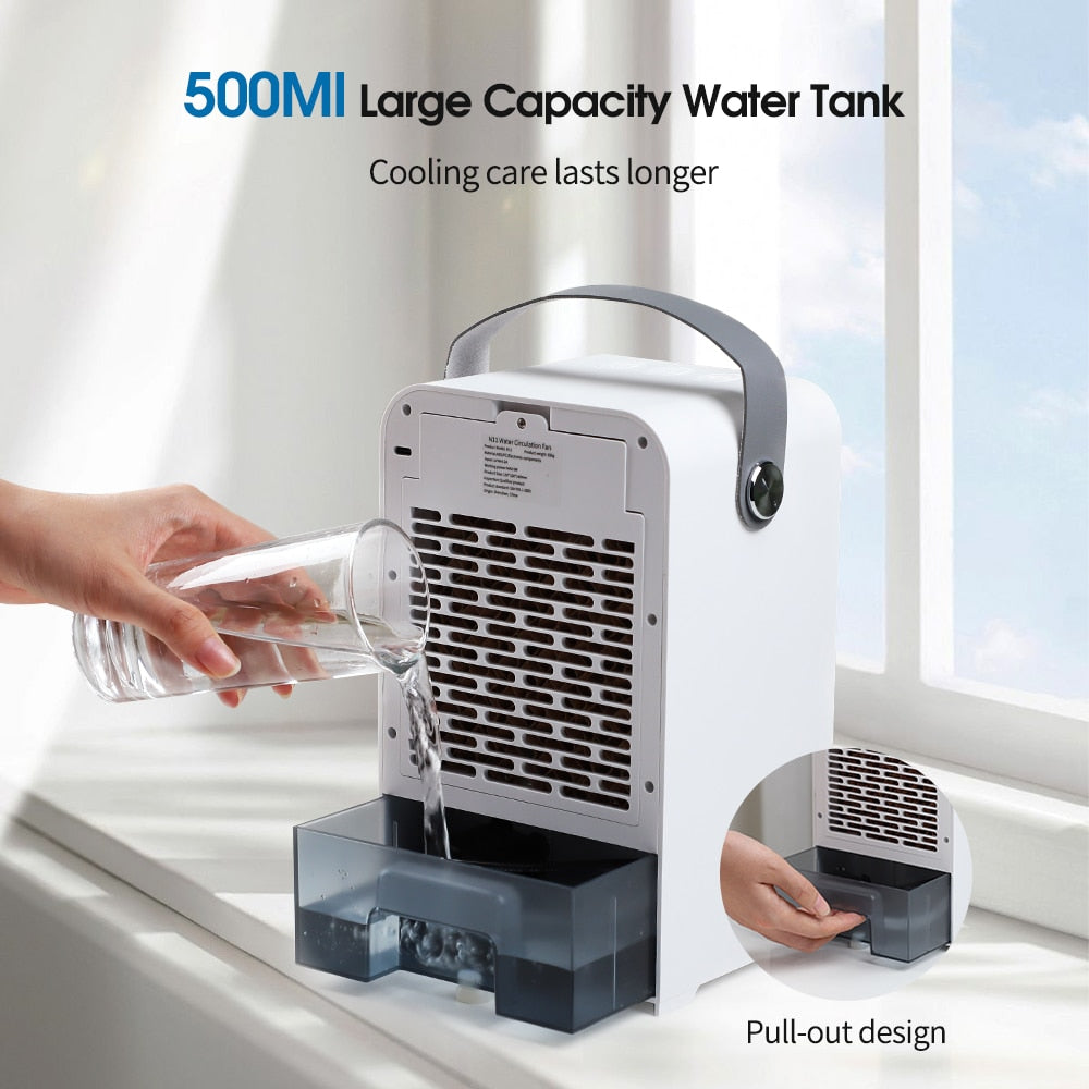 Mini Portable Air Conditioner Fan with water tank and soft mood lighting, designed for rapid cooling in any room.