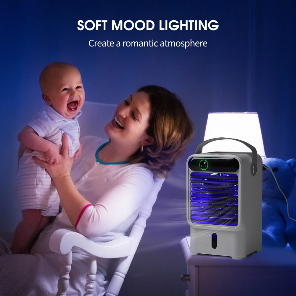 Mini Portable Air Conditioner Fan with water tank and soft mood lighting, designed for rapid cooling in any room.