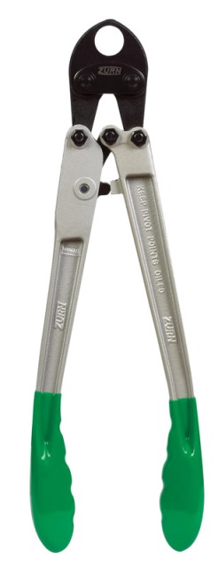 Bolt cutters with green handles.