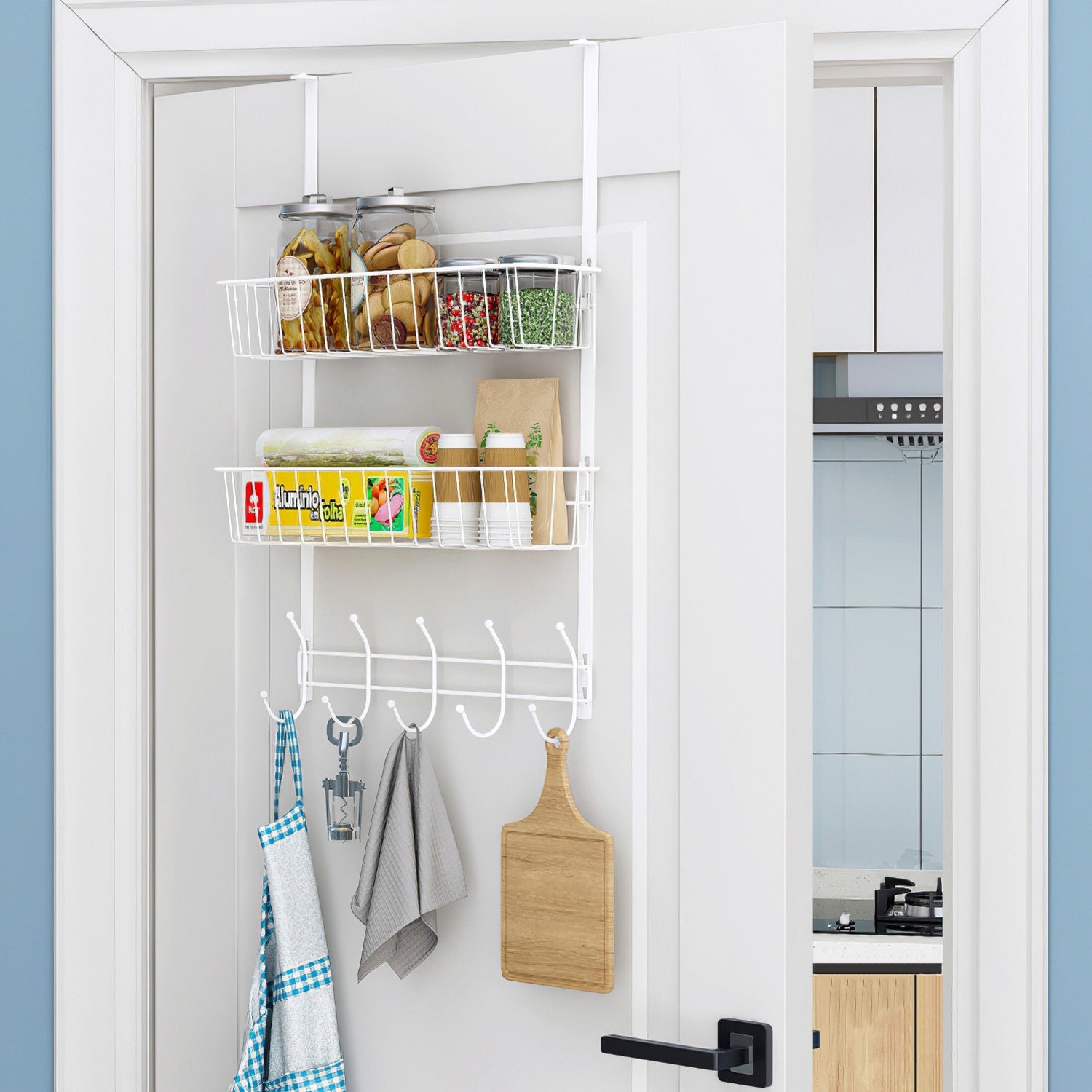 Over The Door Hooks Organizer featuring 5 hooks and 2 baskets, ideal for hanging clothes, bags, and storing items like cans and spices.