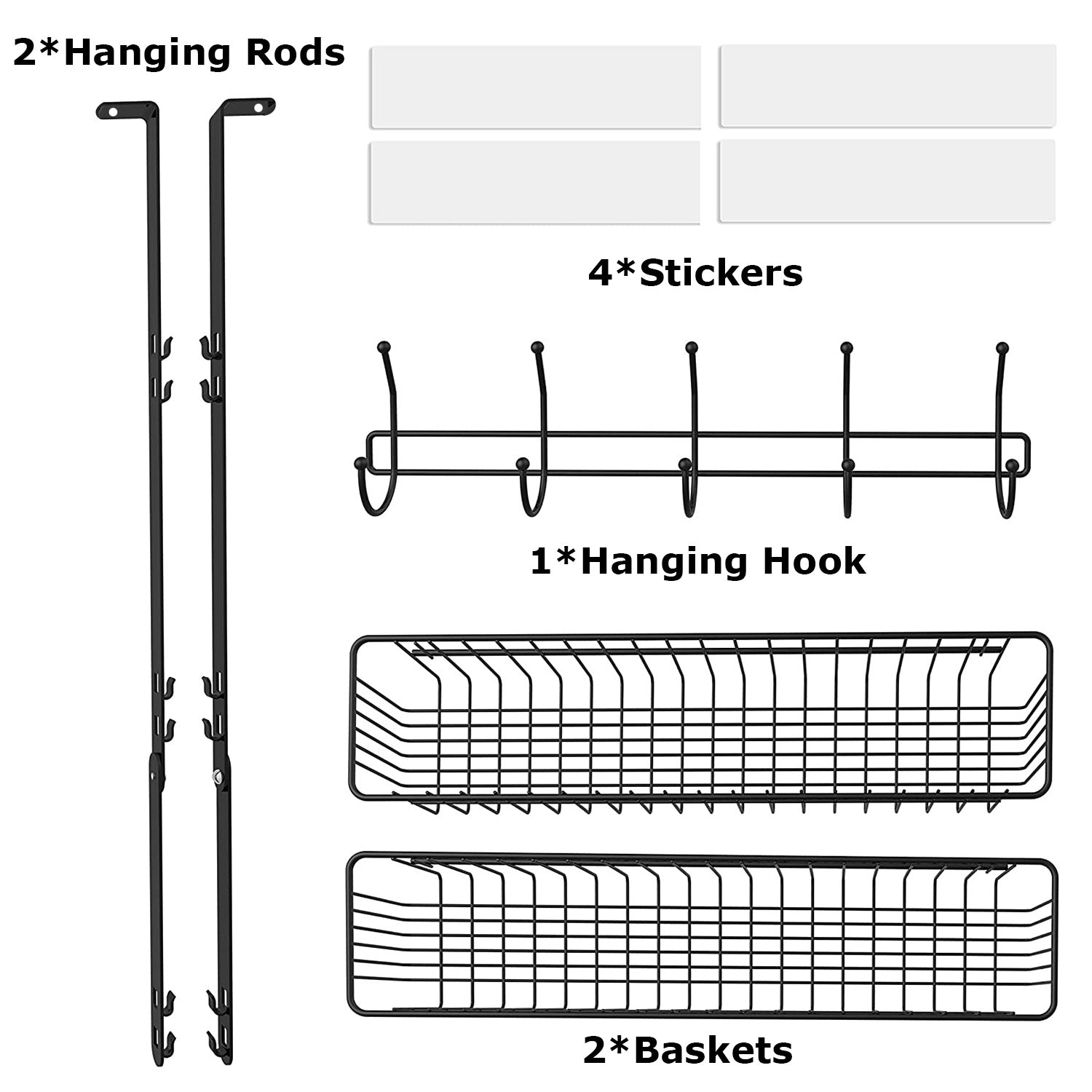 Over The Door Hooks Organizer featuring 5 hooks and 2 baskets, ideal for hanging clothes, bags, and storing items like cans and spices.