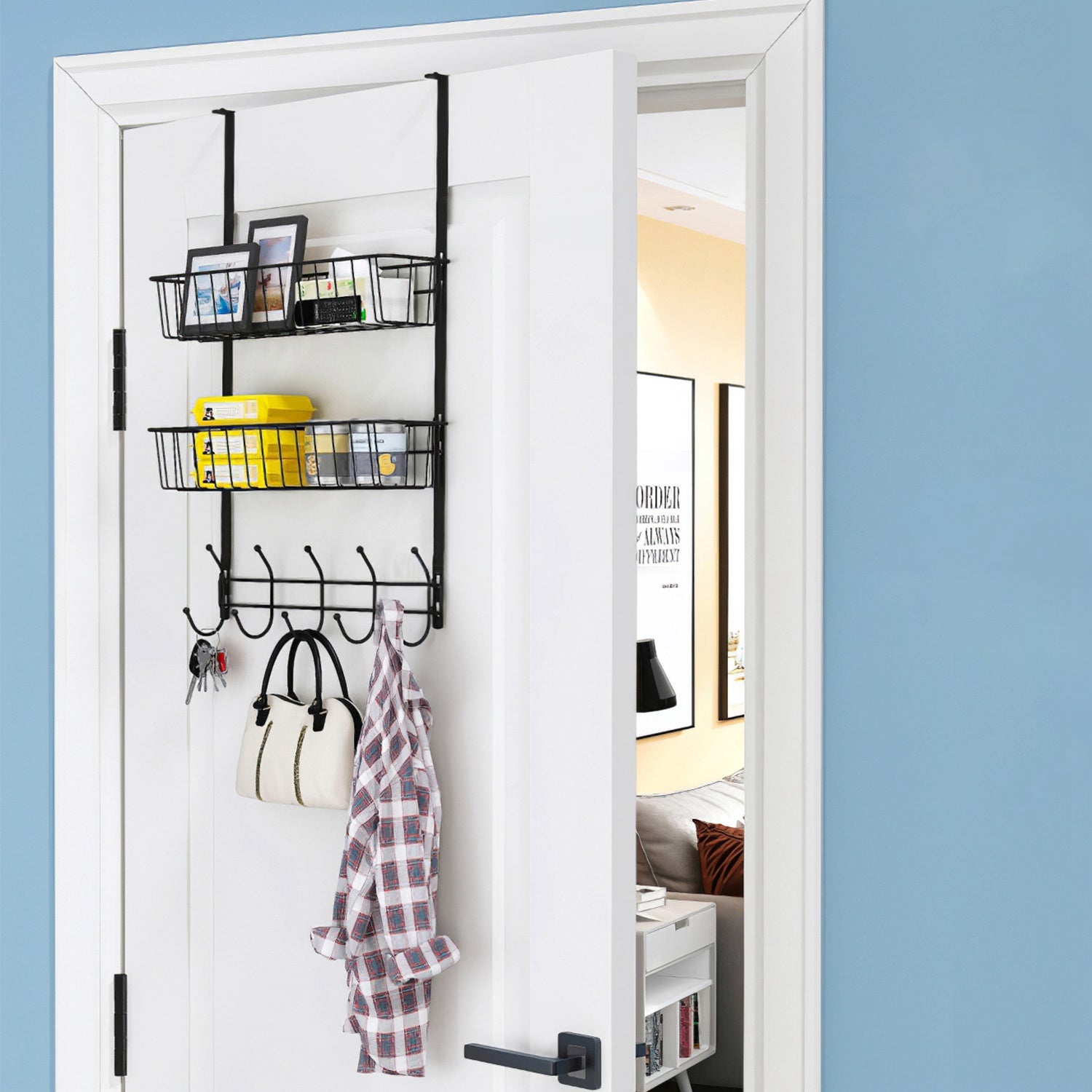 Over The Door Hooks Organizer featuring 5 hooks and 2 baskets, ideal for hanging clothes, bags, and storing items like cans and spices.