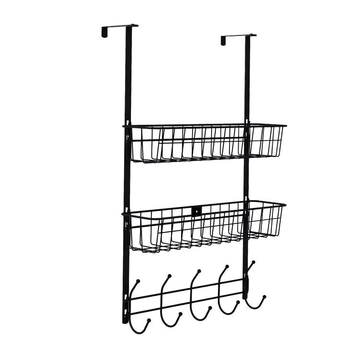 Over The Door Hooks Organizer featuring 5 hooks and 2 baskets, ideal for hanging clothes, bags, and storing items like cans and spices.