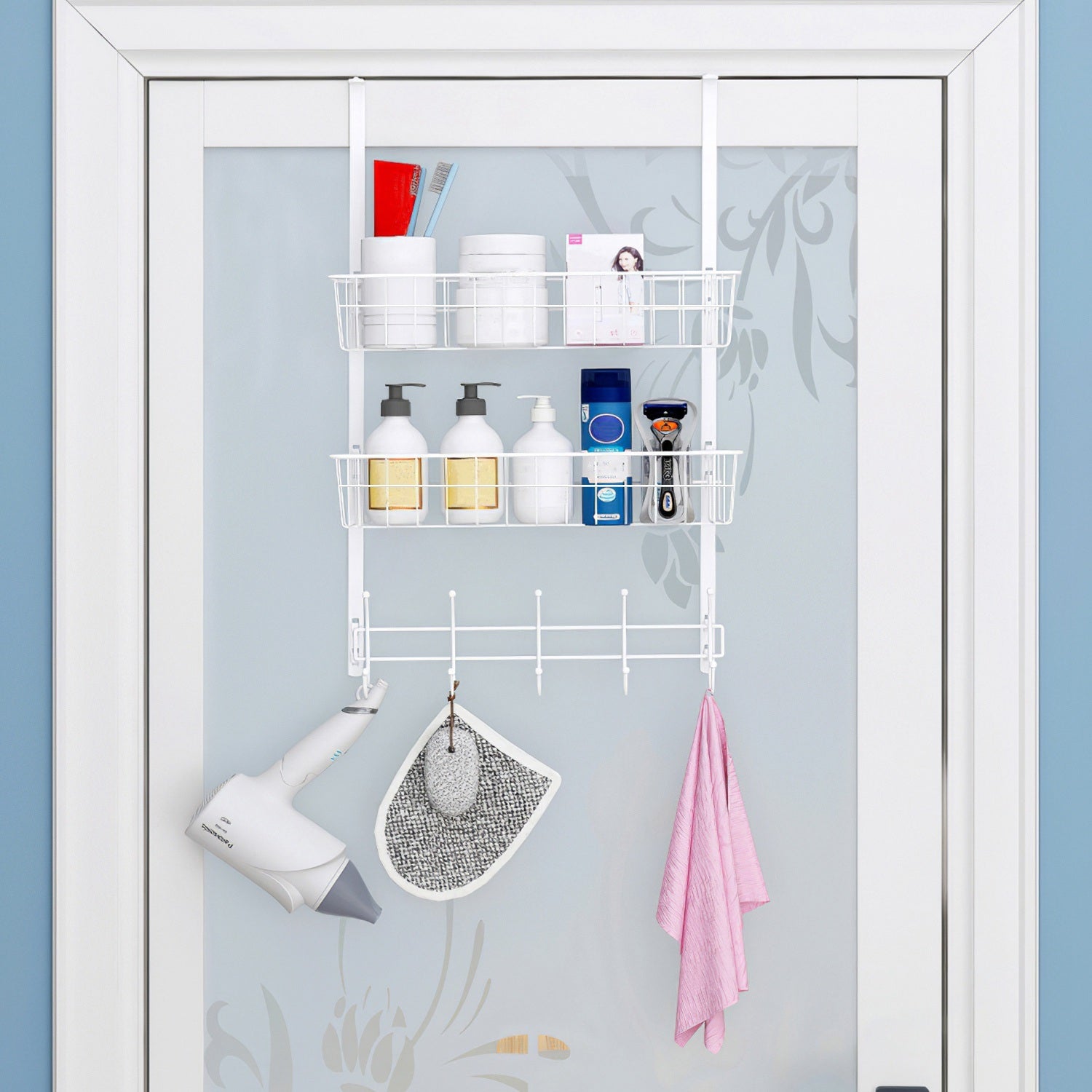 Over The Door Hooks Organizer featuring 5 hooks and 2 baskets, ideal for hanging clothes, bags, and storing items like cans and spices.