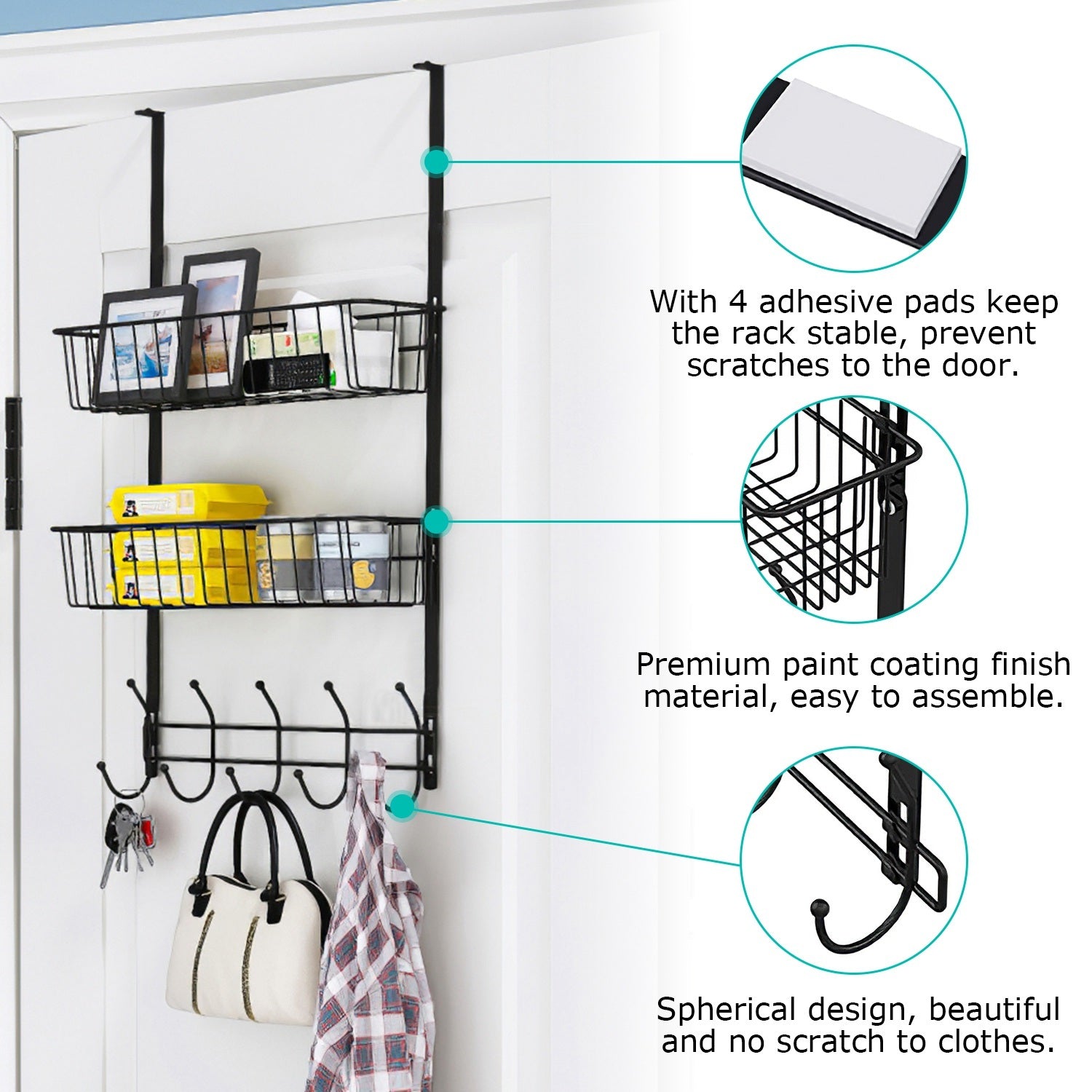 Over The Door Hooks Organizer featuring 5 hooks and 2 baskets, ideal for hanging clothes, bags, and storing items like cans and spices.