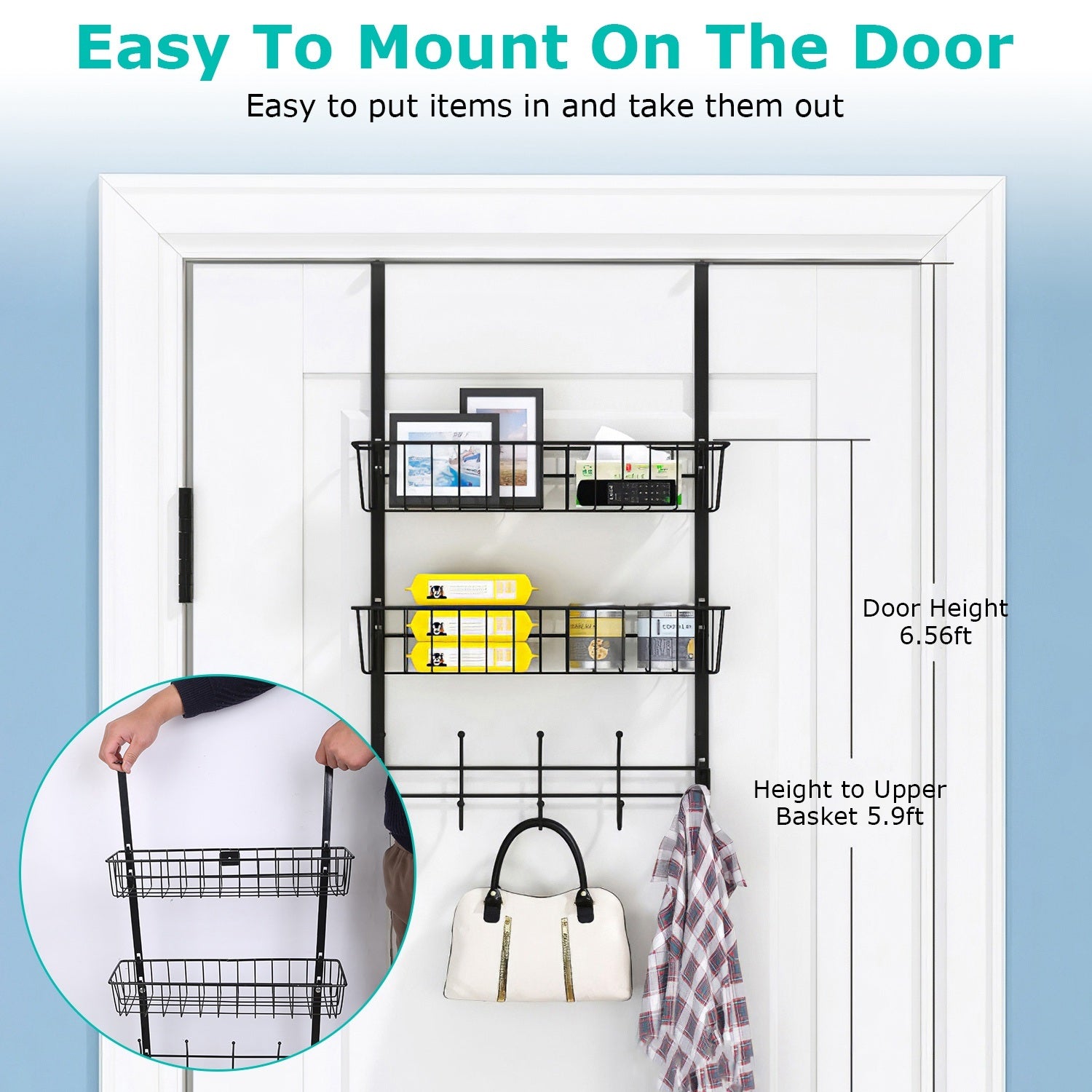 Over The Door Hooks Organizer featuring 5 hooks and 2 baskets, ideal for hanging clothes, bags, and storing items like cans and spices.