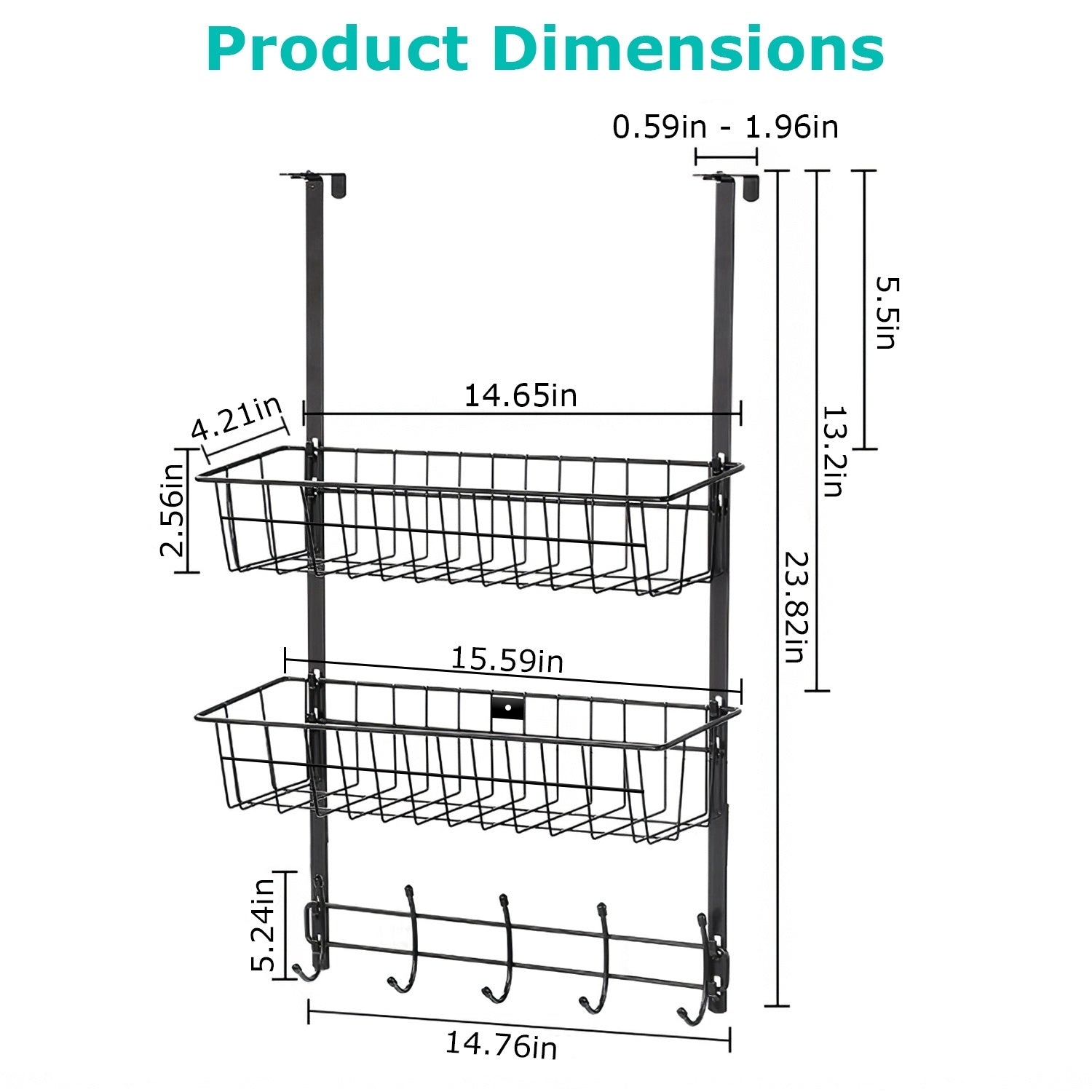 Over The Door Hooks Organizer featuring 5 hooks and 2 baskets, ideal for hanging clothes, bags, and storing items like cans and spices.