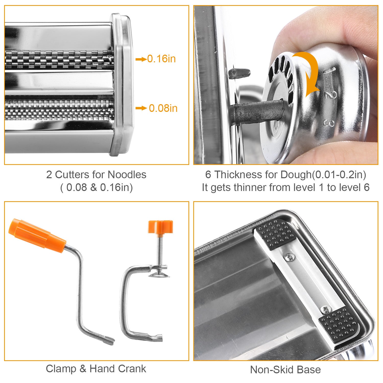 Pasta Maker Roller Machine with adjustable settings for making fettuccine and noodles, featuring a hand crank and stainless steel design.