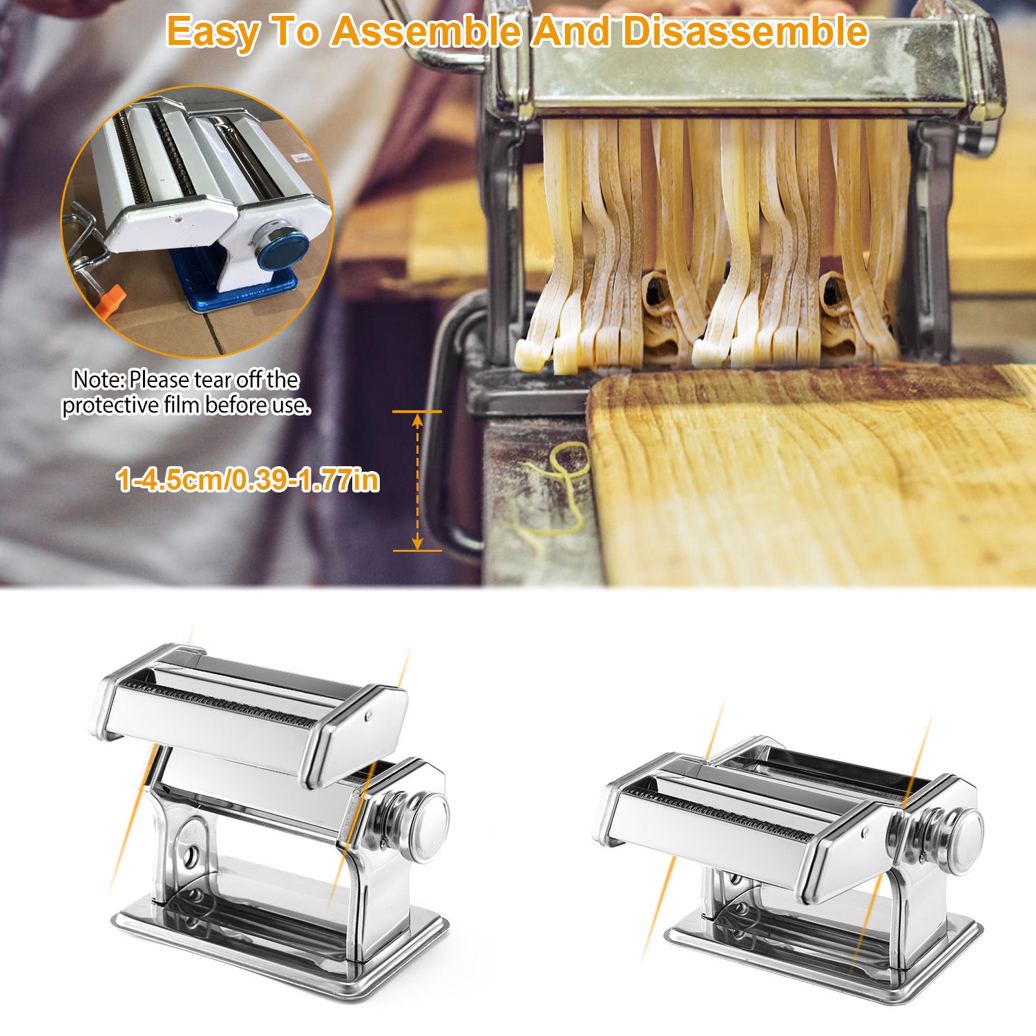 Pasta Maker Roller Machine with adjustable settings for making fettuccine and noodles, featuring a hand crank and stainless steel design.