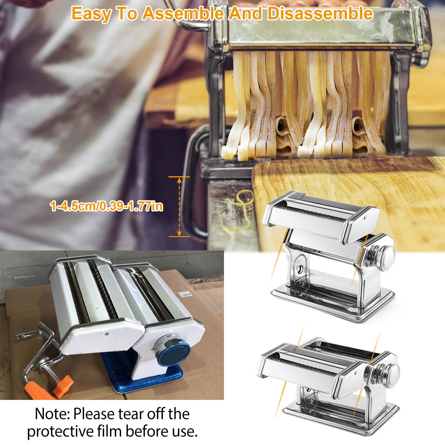 Pasta Maker Roller Machine with adjustable settings for making fettuccine and noodles, featuring a hand crank and stainless steel design.