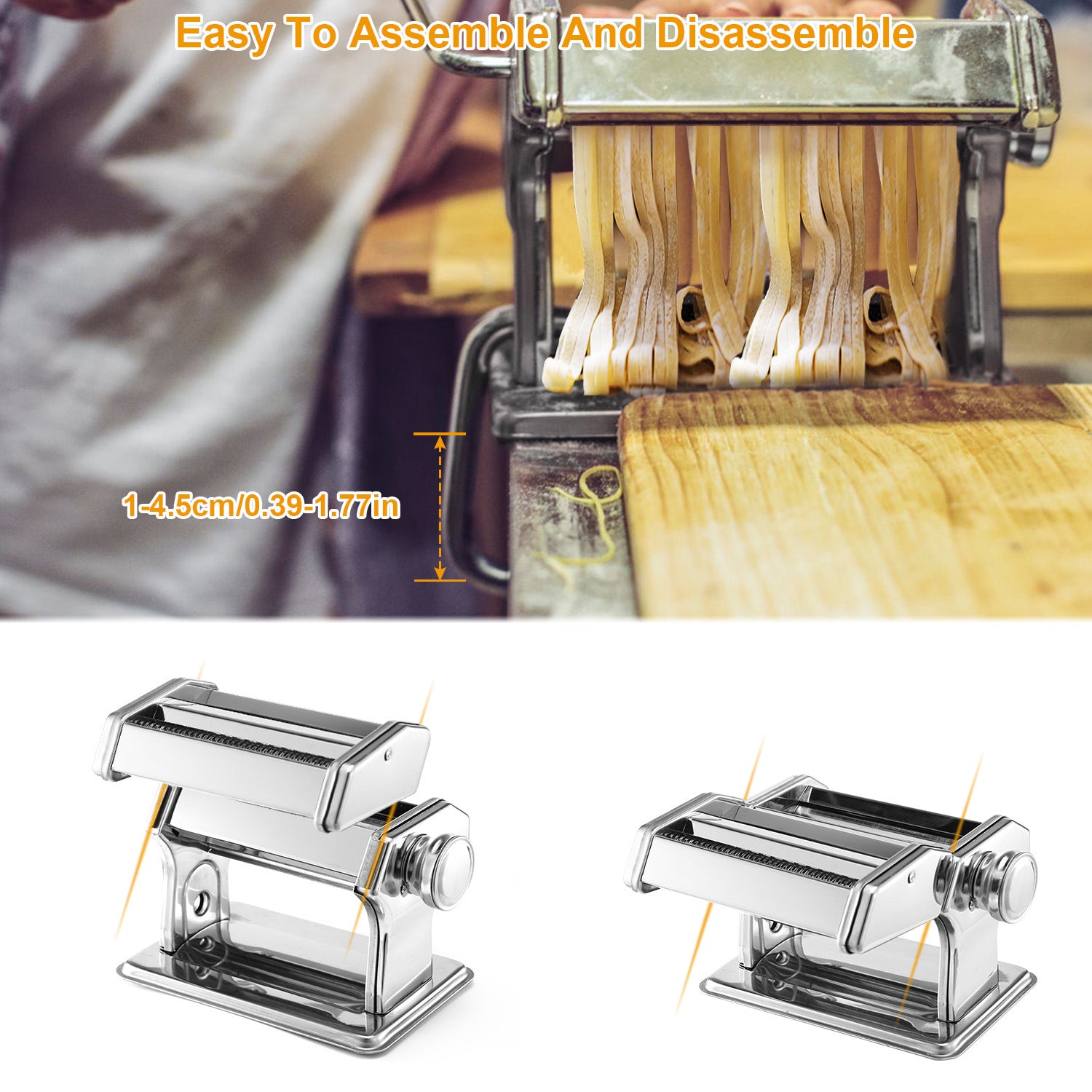 Pasta Maker Roller Machine with adjustable settings for making fettuccine and noodles, featuring a hand crank and stainless steel design.