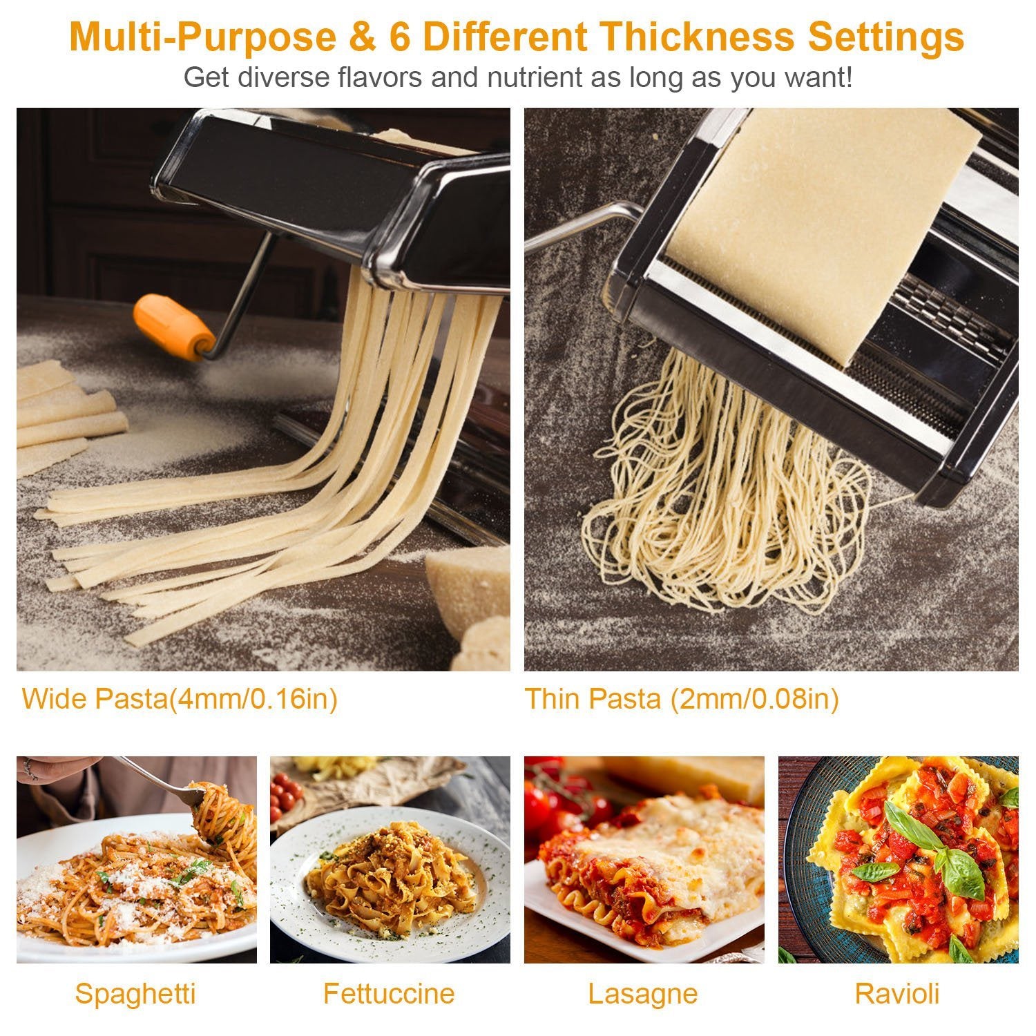 Pasta Maker Roller Machine with adjustable settings for making fettuccine and noodles, featuring a hand crank and stainless steel design.