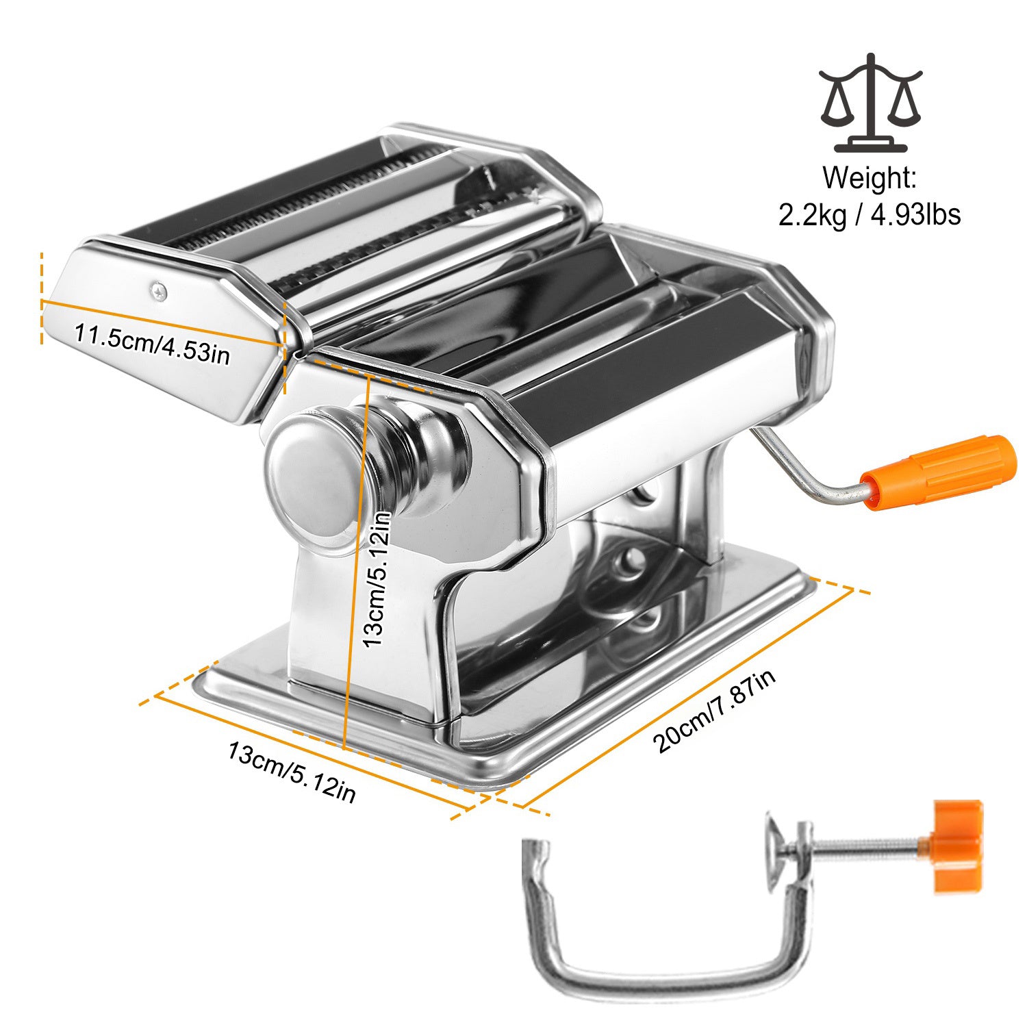 Pasta Maker Roller Machine with adjustable settings for making fettuccine and noodles, featuring a hand crank and stainless steel design.