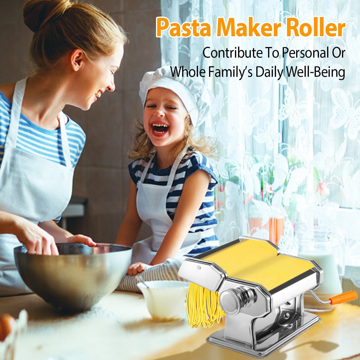 Pasta Maker Roller Machine with adjustable settings for making fettuccine and noodles, featuring a hand crank and stainless steel design.