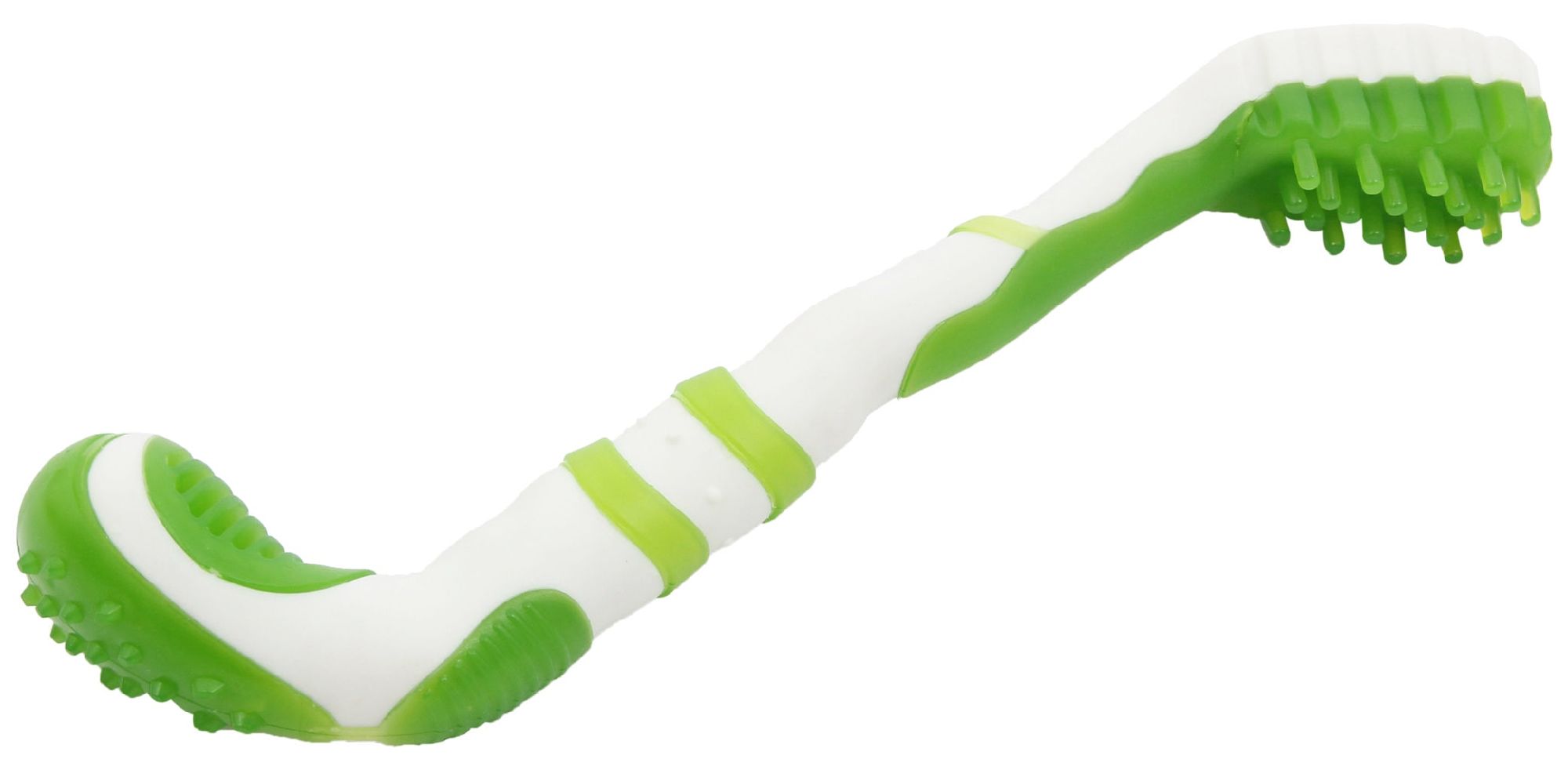 Pet Life 'Denta-Brush' TPR Durable Tooth Brush and Dog Toy in vibrant colors, featuring soft bristles and a multi-textured design for dental care.