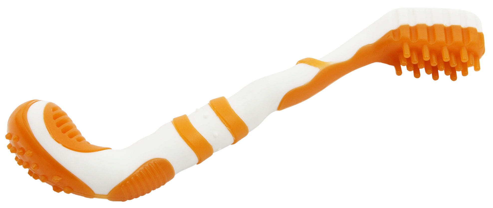 Pet Life 'Denta-Brush' TPR Durable Tooth Brush and Dog Toy in vibrant colors, featuring soft bristles and a multi-textured design for dental care.