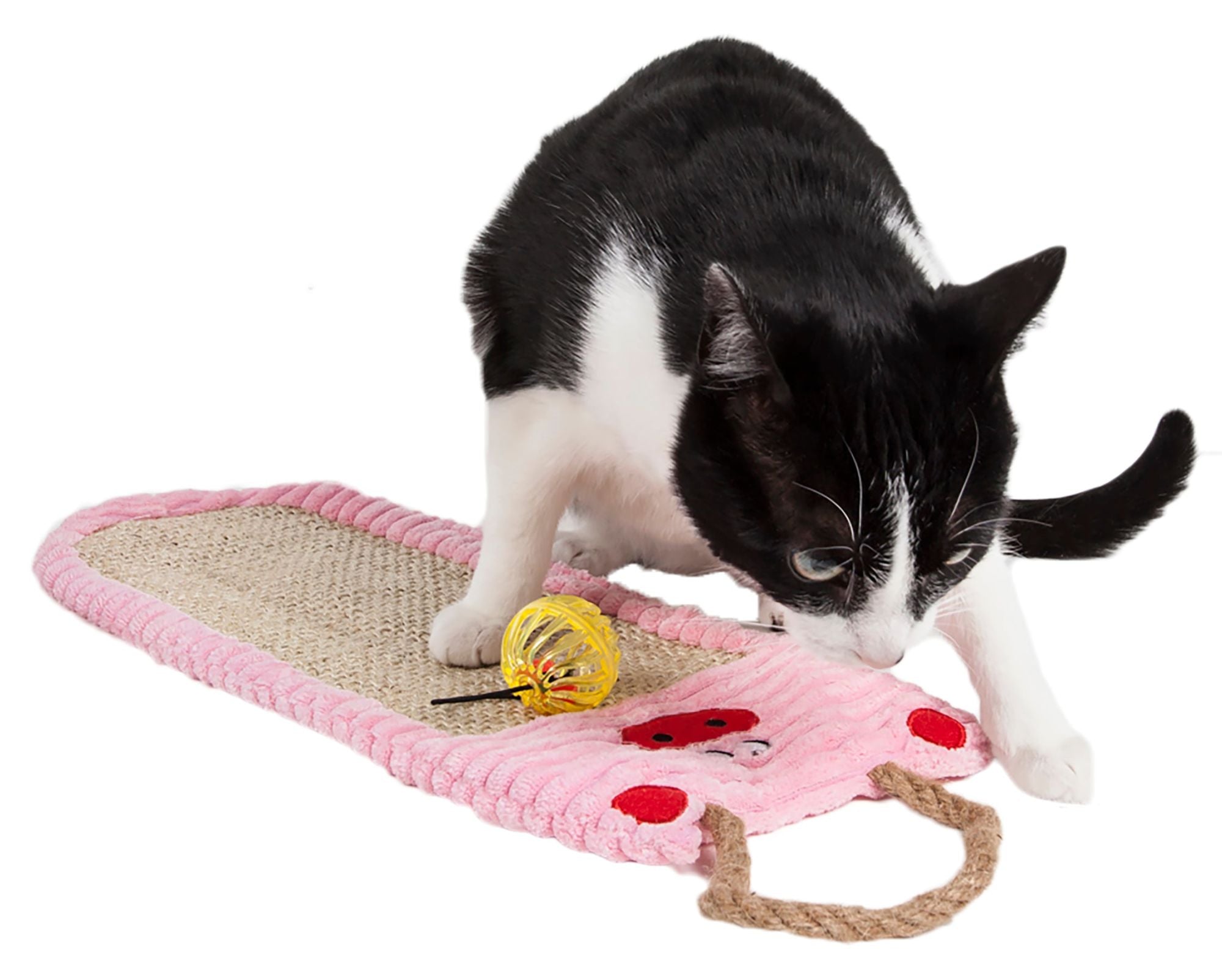 Pet Life Eco-Natural Sisal and Jute Hanging Carpet Cat Scratcher with built-in teaser toy, showcasing its eco-friendly materials and versatile design.