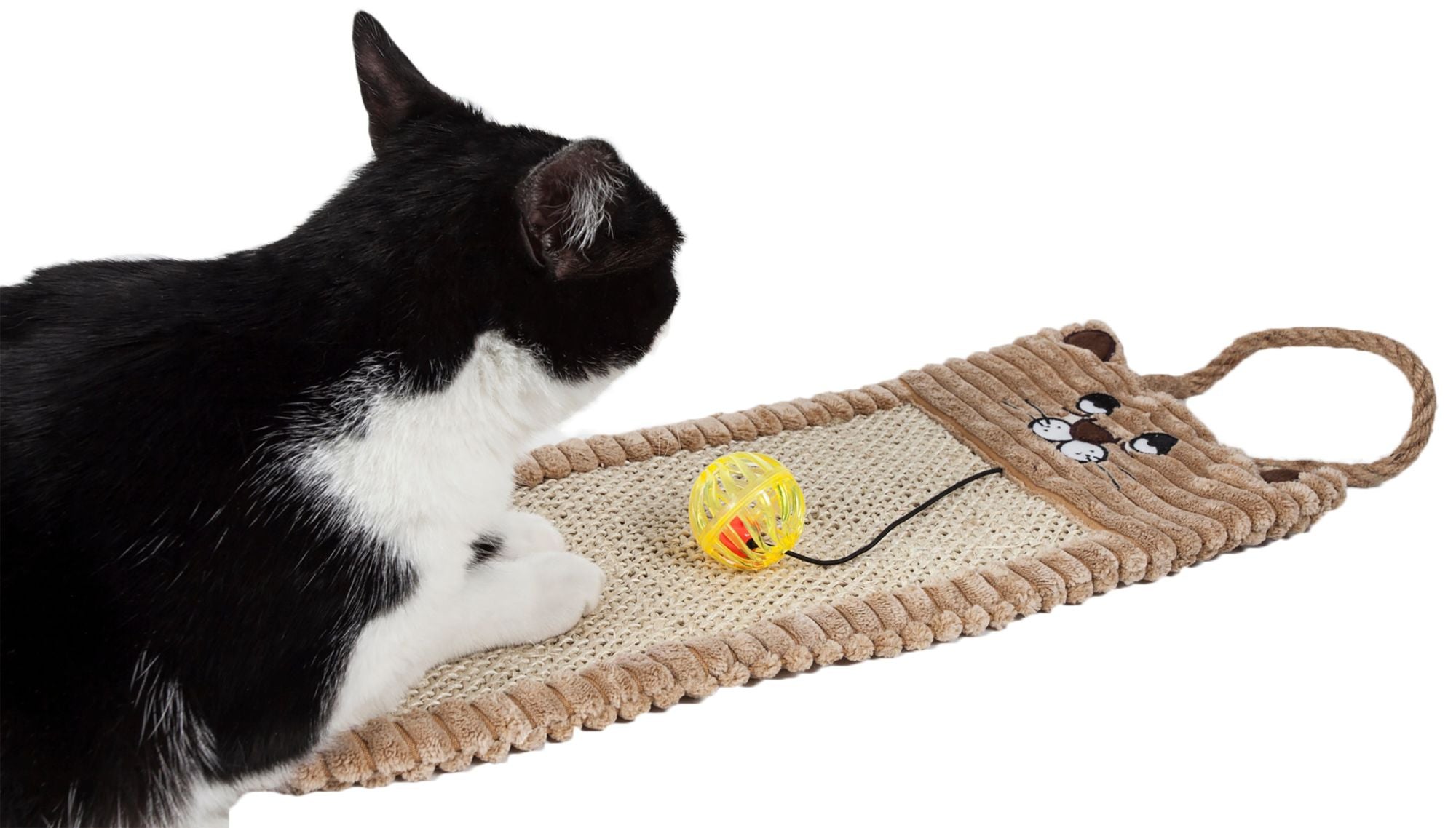 Pet Life Eco-Natural Sisal and Jute Hanging Carpet Cat Scratcher with built-in teaser toy, showcasing its eco-friendly materials and versatile design.