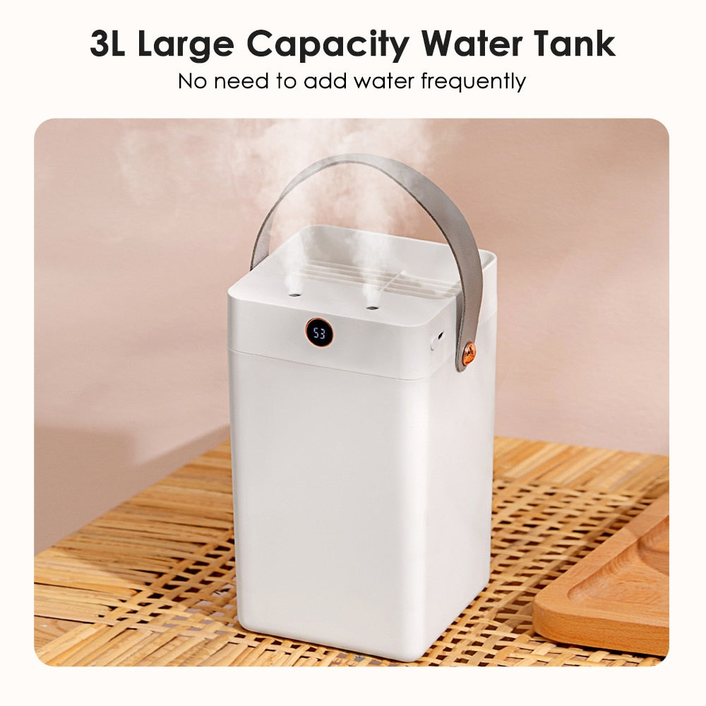 Portable 3000ml Air Humidifier with dual spray nozzles, showcasing its sleek design and large water tank.