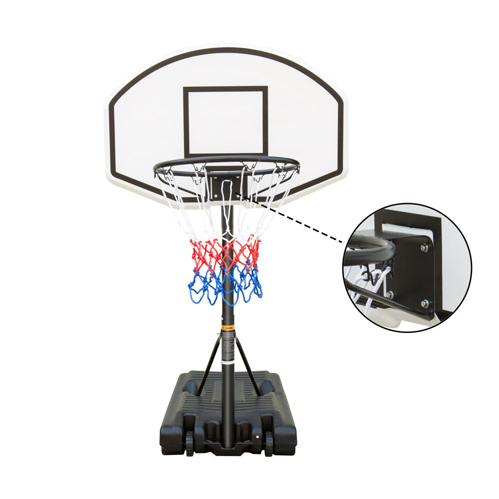 Portable Poolside Basketball Hoop with adjustable height, sturdy base, and weatherproof materials, perfect for summer fun by the pool.