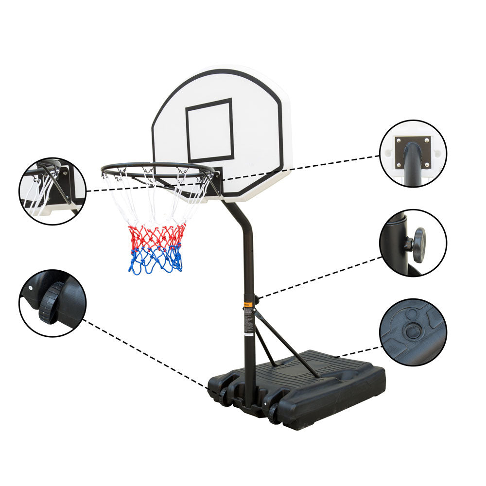 Portable Poolside Basketball Hoop with adjustable height, sturdy base, and weatherproof materials, perfect for summer fun by the pool.