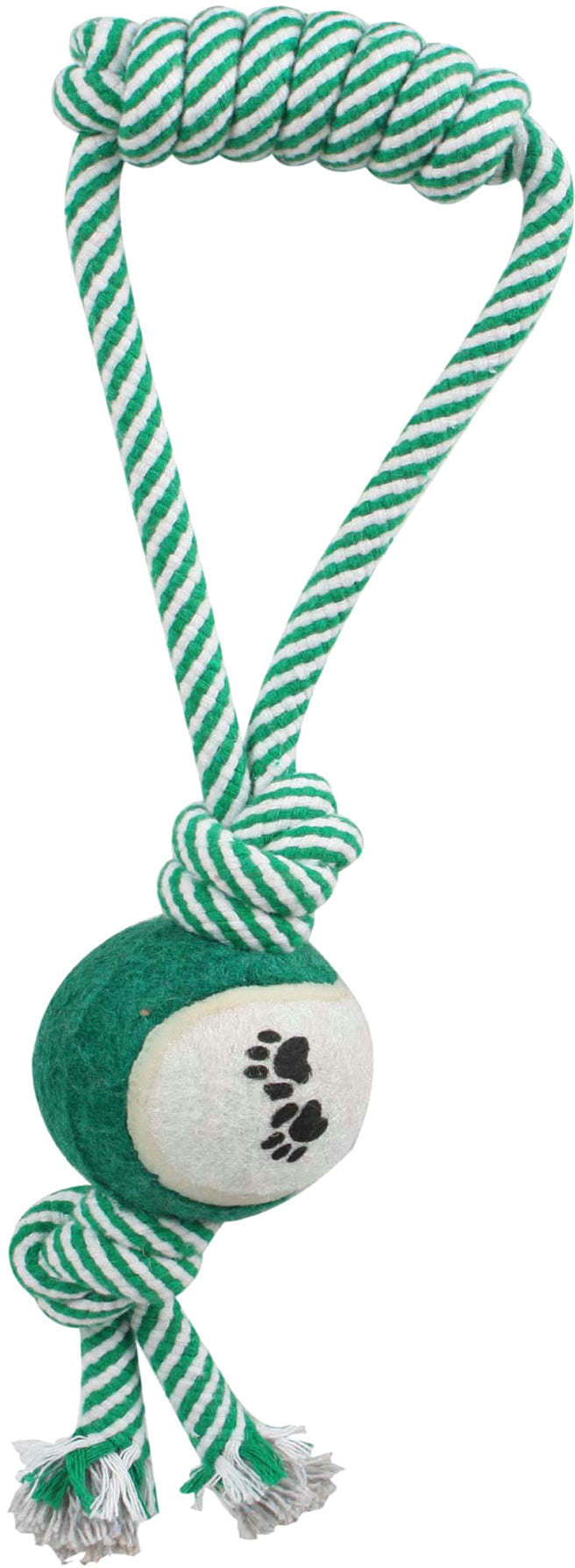 Eco-friendly 'Pull Away' Rope and Tennis Ball made from jute and rubber, designed for interactive dog play.