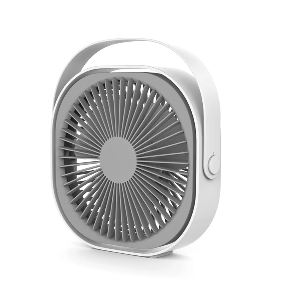 Rechargeable Desktop Fan in blue color, featuring a compact design and 360° rotatable head, perfect for desk use.