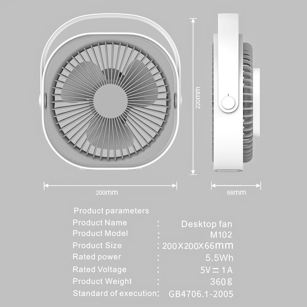 Rechargeable Desktop Fan in blue color, featuring a compact design and 360° rotatable head, perfect for desk use.