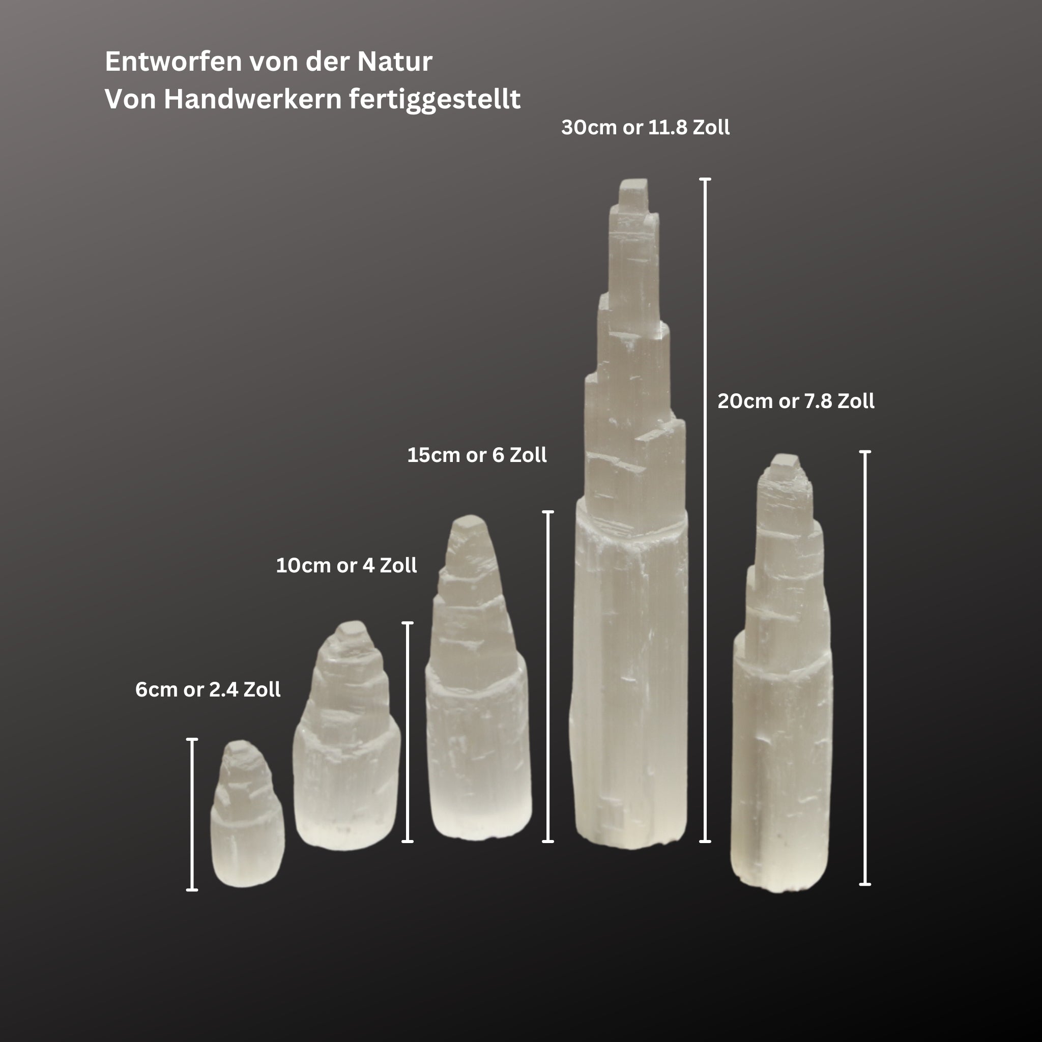 Selenit Turm in verschiedenen Größen, strahlend und klar, ideal zum Laden und Reinigen von Kristallen.