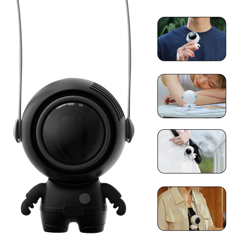 A small handheld personal neck fan designed like an astronaut, featuring a USB charging port and a sleek, portable design.