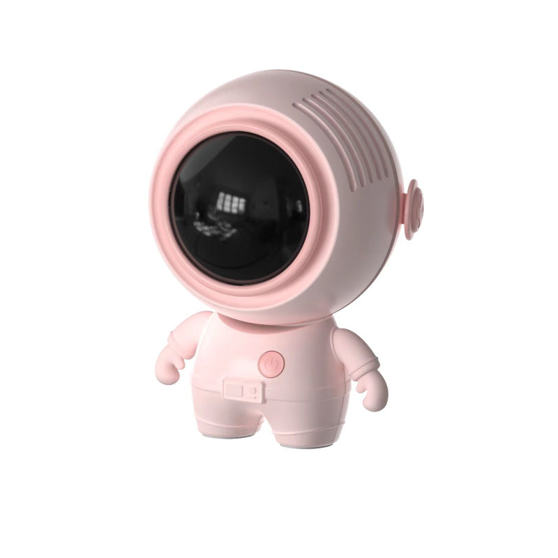 A small handheld personal neck fan designed like an astronaut, featuring a USB charging port and a sleek, portable design.