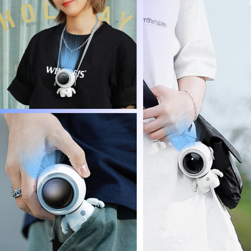 A small handheld personal neck fan designed like an astronaut, featuring a USB charging port and a sleek, portable design.