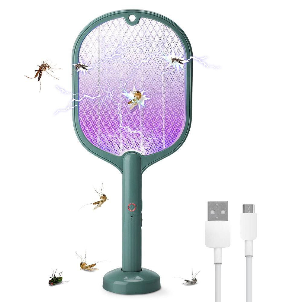 Smart Electric Insect Racket Swatter Zapper 3000V in white-green color, showcasing its sleek design and dual-purpose functionality.