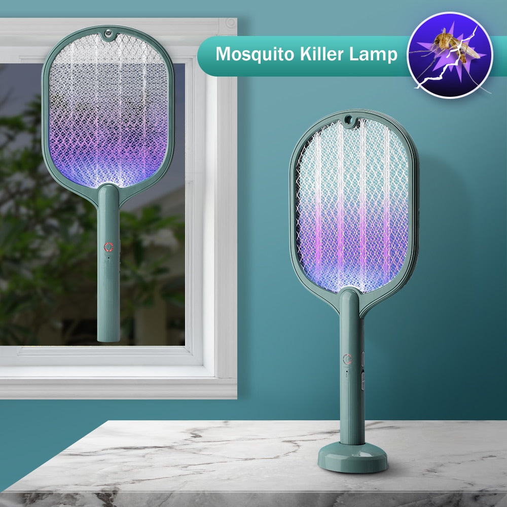 Smart Electric Insect Racket Swatter Zapper 3000V in white-green color, showcasing its sleek design and dual-purpose functionality.